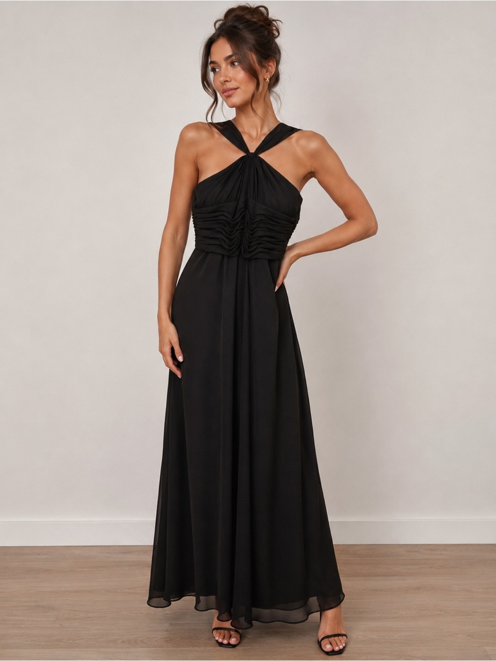 Jones Wear Dress Black Halter Ruched Chiffon Maxi Evening Gown Size 8 NWT